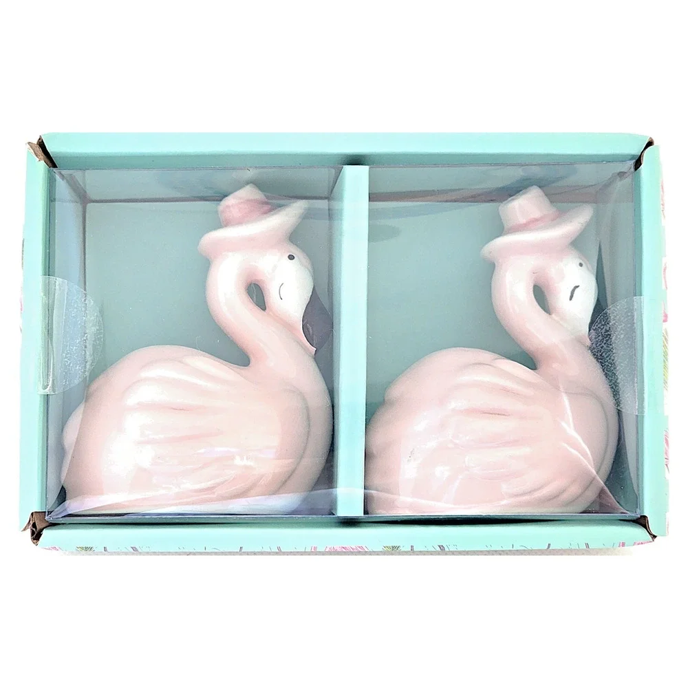 Pink Flamingo Salt & Pepper Shakers Set Ceramic Tropical New in Box